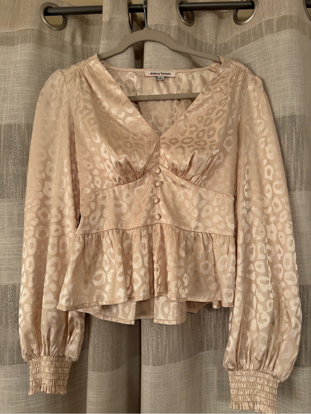 Jealous Tomato Cream Satin Leopard-Jacquard Peplum Blouse